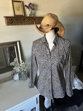 J.Crew tan, black animal, print, button-down cotton shirt XS oversized